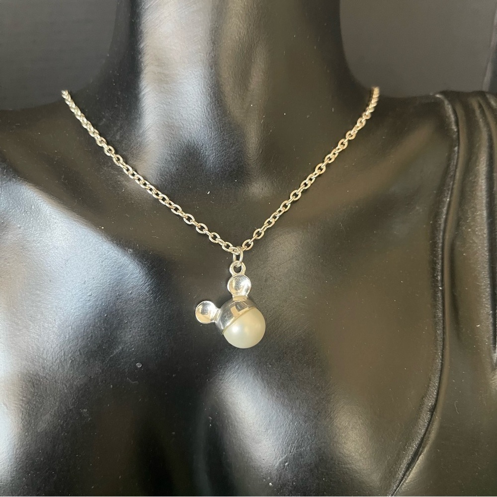 Sterling Silver Disney Mickey Ears Faux Pearl Necklace Chain 18 Inches